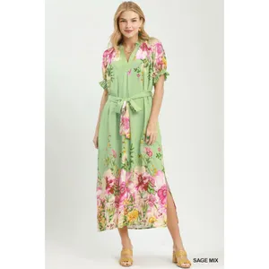 Umgee Mix Floral‎ Border Print Midi Dress - Sage Mix - Small thumbnail 2