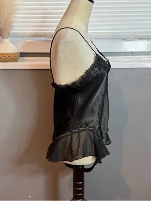Black Satin Lace-Trim Camisole Slip with Sheer Ruffle Hem thumbnail 5