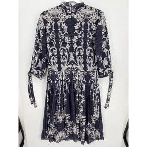 Picobell Womens Midi Dress Navy Blue Damask Pleated Tie Neck Size 42 thumbnail 4