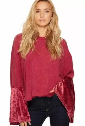Free People Glorious Sweatshirt XS‎ Bell Velvet Sleeves Oversized Cropped Maroon thumbnail 1
