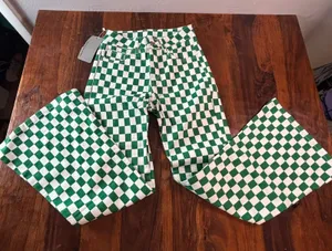 Fashion Green White Checkered Flare Jeans High Waisted Wide Leg Size 2 NEW thumbnail 1