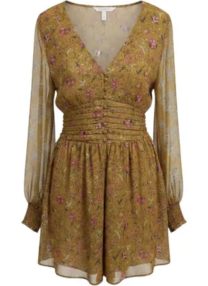 House of Harlow Mini Dress M Mustard Floral Smocked V-Neck Romantic Whimsgoth thumbnail 1