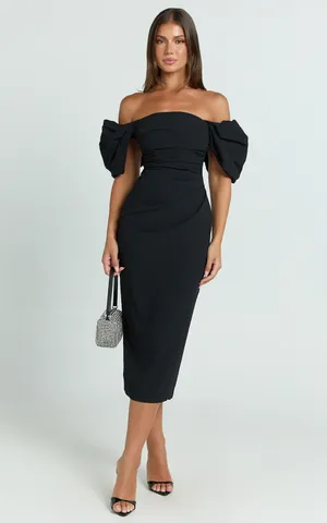 New Showpo Lohan Midi Dress Off Shoulder Puff Sleeve Size 10 MSRP $129 thumbnail 4