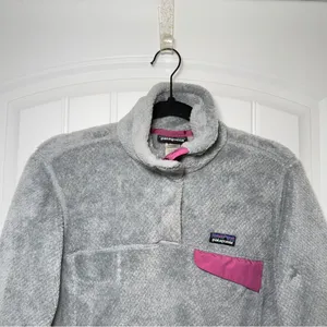 Patagonia‎ Women Small Re-Tool Snap-T Gray Fleece Pullover Pink Accents Granola thumbnail 4