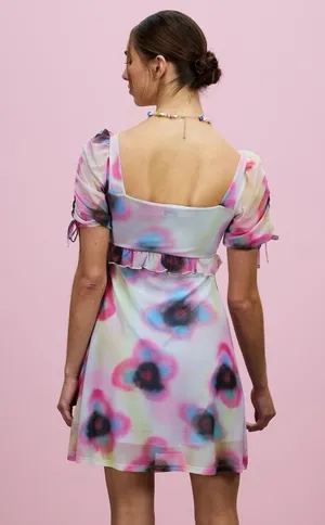 Topshop Paint Floral Mini Dress M‎ NWT Puff Sleeve Y2K Mesh Ruffle Tea thumbnail 2