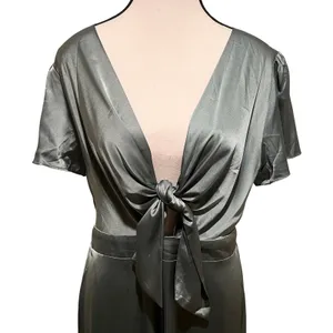 Baltic Born Poppy Satin Midi Dress Dark Sage Green V-Neck Peek Tie Front Size L thumbnail 4