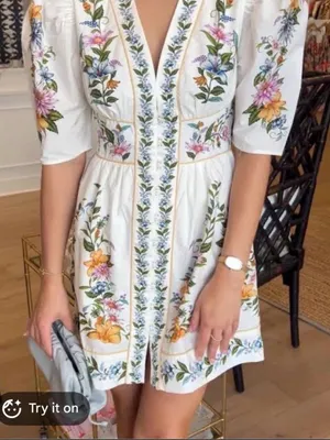 Farm Rio Sweet Bloom Dreamscape Floral Puff Sleeve Mini Dress Size L thumbnail 2