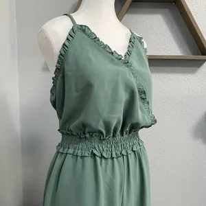 Gigio Sage Green Jumpsuit Wide Leg Ruffle Hem Smocked Adjustable Straps thumbnail 2