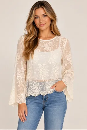 Karen Kane Ivory Floral Lace Sheer Long Sleeve Top thumbnail 1