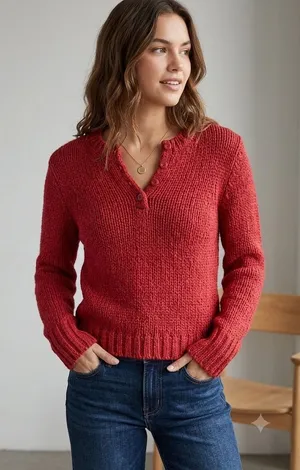 American Eagle Y2K Vintage Red Chunky Shaker Knit Henley‎ Sweater Small thumbnail 1