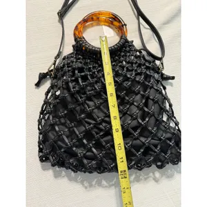 Anthropologie Black Macrame Net Bag‎ Tortoiseshell Ring Handle Crossbody Pouch thumbnail 4