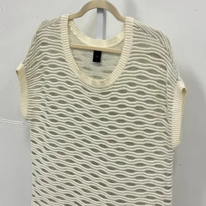 Ann Taylor Cream Metallic Wavy Knit Short Sleeve Sweater Top Large Relaxed Fit thumbnail 3