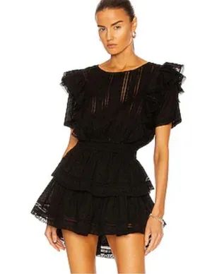 Womens LoveShackFancy Elegant Gwen Ruffled Tiered Mini Dress Black thumbnail 2
