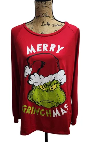 Dr. Seuss The‎ Grinch Christmas Raglan Shirt Holiday Top Large thumbnail 1