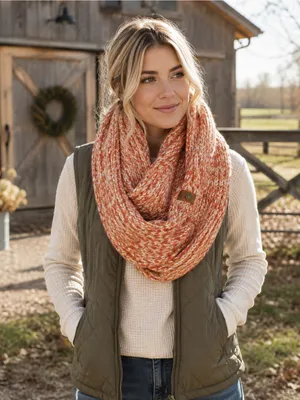 NWT Frye & Co Orange Tan Cream Knit Infinity Scarf Cozy Winter Wrap OS thumbnail 1