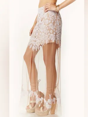 For Love and Lemons Vintage Luau Lace Mesh Nude White Maxi Skirt Medium $233 thumbnail 3