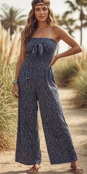 Patrons of Peace 20G Blue Floral Smocked Wide‎ Leg Jumpsuit Women's Size M thumbnail 1