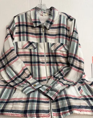 No Comment Men’s Lightweight Plaid Zip-Up Shirt Jacket - Cream/Navy/Red thumbnail 1