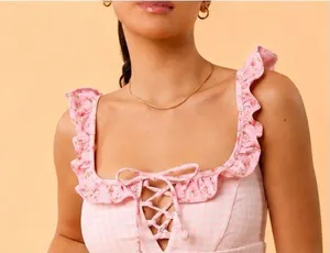 Blogilates Pink Gingham Ruffle Lace-Up Scoop Neck Tank Top Sleeveless Women's XS thumbnail 1