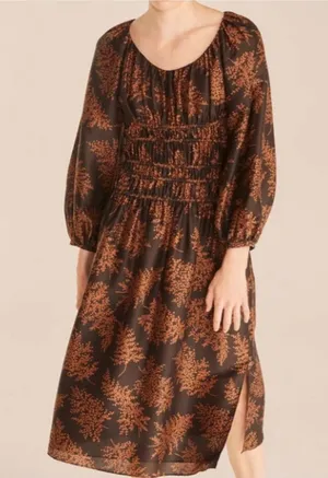 Rebecca Taylor Arden Black and Brown Fern Print Midi Dress thumbnail 1