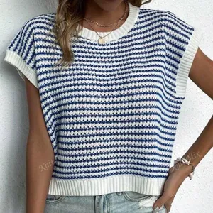 SheIn Knit Mix Striped Round Neck Loose Knit Top thumbnail 1
