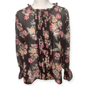 Pink Rose Floral Long Sleeve Pleated Blouse thumbnail 3