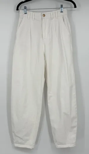 Zara High Rise Pleated Barrel Leg‎ Jeans Ivory Off White Balloon Size 2 thumbnail 1