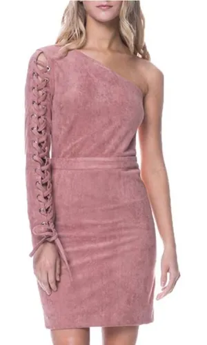 Pink Faux Suede One Shoulder Dress thumbnail 1