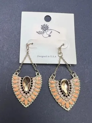 New! Gold Tone Chandelier Fan Shape Peach Apricot Rhinestone Drop Earrings thumbnail 1