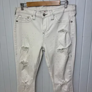 True Religion Curvy Skinny White Distressed Crystal Jeans Size‎ 34 thumbnail 2