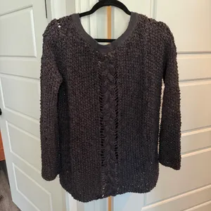 Free People V-Neck Open Cable Knit Charcoal Hi-Low Sweater thumbnail 5