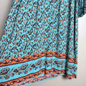 Women's Boho Floral Midi Dress L Turquoise Peasant Hippie Resort Empire Waist thumbnail 5