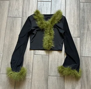 Black Long-Sleeve Crop Top with Olive Green Feather Trim thumbnail 1