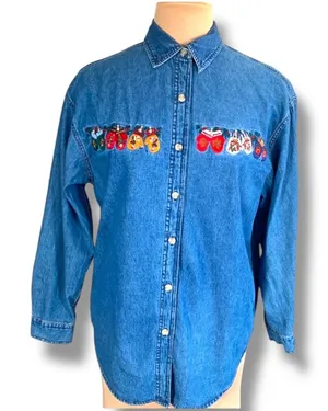 Vintage‎ 90s Denim Chambray Christmas Shirt Embroidered Mittens Medium Holiday thumbnail 1