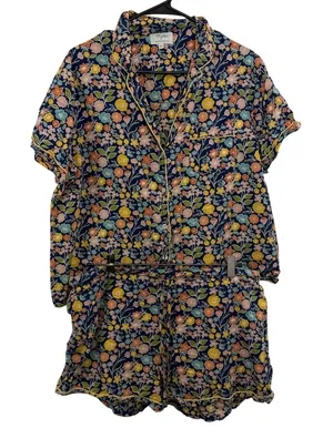 Crafted by Mahogany Pajamas Womens XL Blue Floral Print Cotton Short Sleeve Set thumbnail 1