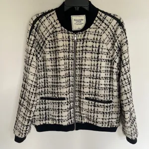 Abercrombie & Fitch Women Tweed‎ Bomber Jacket Wool Blend Black Cream Large L thumbnail 1