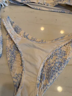 triangl swimwear Cream and Light Blue Smocked Bikini Set with Pouch thumbnail 5