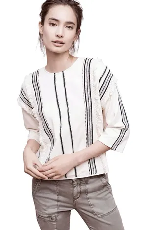 ANTHROPOLOGIE ERI + ALI Women’s Boho Santillana Fringed Cream Top thumbnail 1
