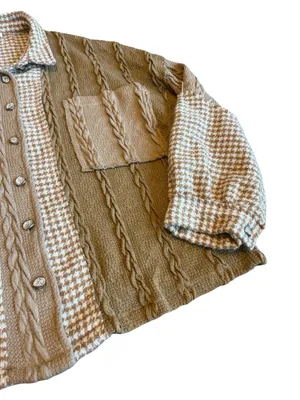POL Pieced Houndstooth Panel Shacket Mocha Multi Patch Relaxed Fit Size Large thumbnail 5