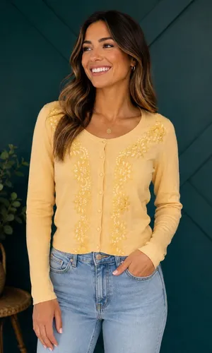 Vintage Dorothee Bis Silk/Cotton Butter Yellow Embroidered Cardigan Grandmacore thumbnail 1