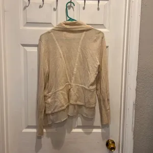 Angel of the North Beige Knit Cardigan‎ Sheer Ruffle Trim Open Front Women's L thumbnail 6
