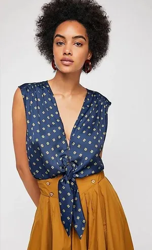 Free People Women's Silky Pattern Tie Front Sleeveless Blouse Top thumbnail 1
