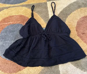 Wild Fable NWOT Black Low Cut Peasant Tank Top Cropped Tie Front Spaghetti Strap thumbnail 1