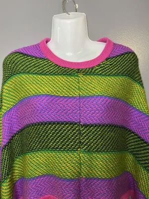 Colorful Striped Poncho Womens One Size Multicolor Fringe Knit Boho Lightweight thumbnail 2