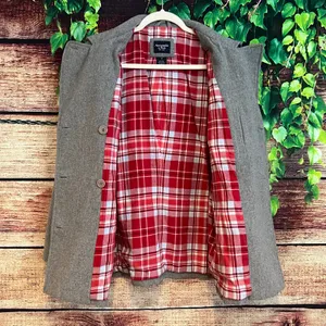 Y2K Abercrombie & Fitch Pea Coat Peacoat Jacket Womens Small Grey Red Plaid Wool thumbnail 2