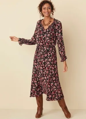 Talbots black Midi Floral leaf print Dress Bracelet Sleeve autumn Size P (XS) thumbnail 1