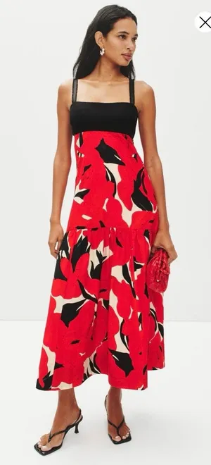 AMUR Black Red Slena Tie Back Floral Print Side Cut-Outs Square Neck Dress sz 8 thumbnail 1