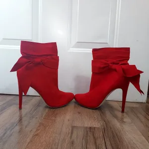 Vegan Suede Shoe Dazzle Lipstick Red Stilletto Ankle Boots w/ Bow Women's Sz 10 thumbnail 6