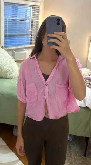 Pink button-up Zara crop top thumbnail 1