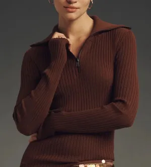 Maeve Anthropologie Brown Ribbed Fitted Half Zip Sweater Large Minimalist Layers thumbnail 1